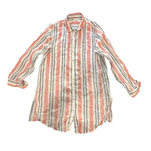 Artisan NY Women's Large 100% Linen Striped Collared Long Sleeve‎ T-Shirt Dress - Picture 1 of 3